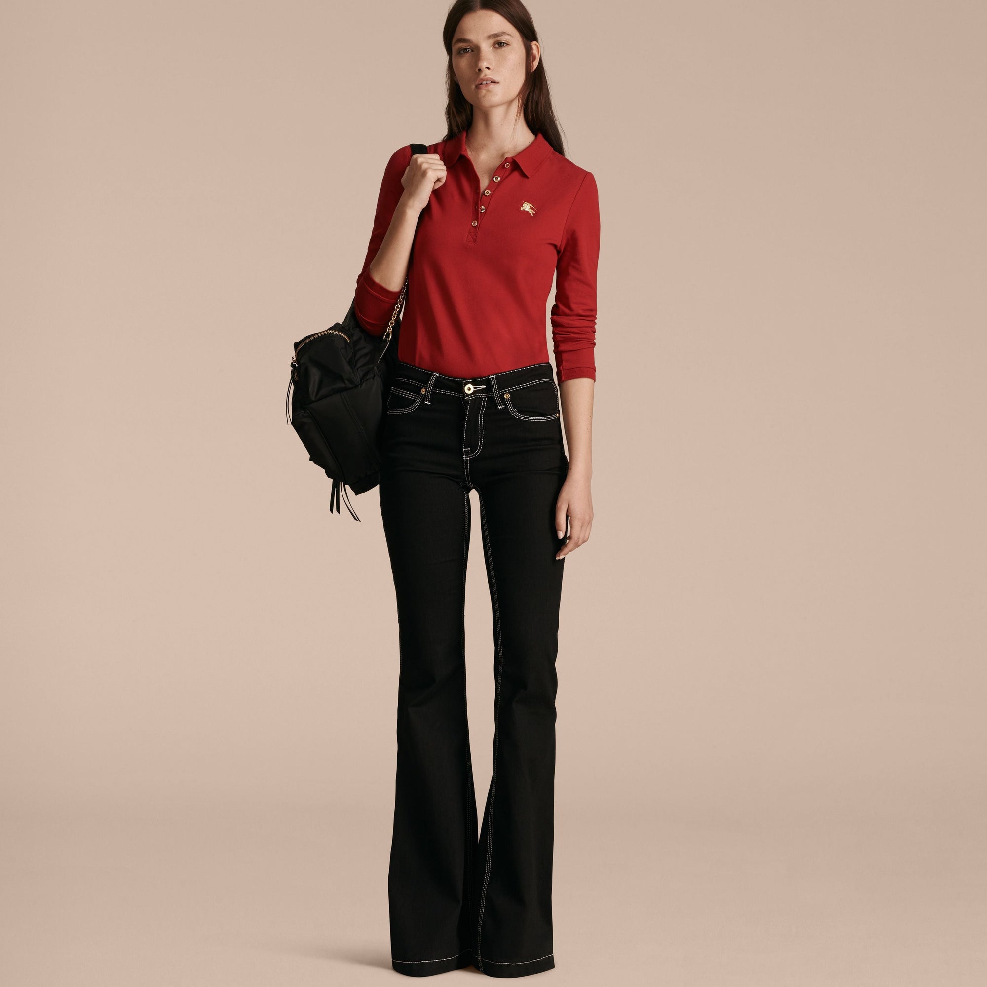 MILITARY RED Polo à manches longues en piqué de coton extensible