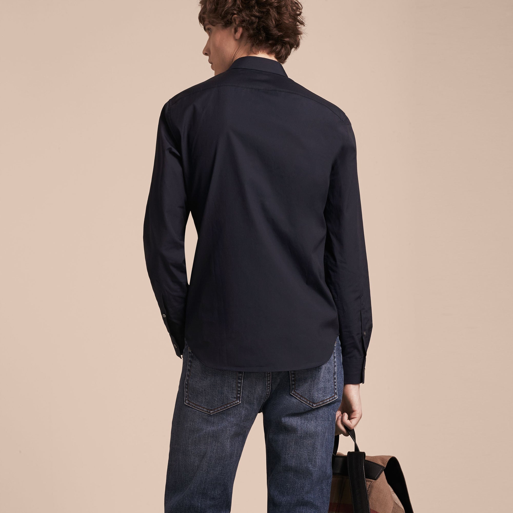 NAVY Chemise en coton extensible avec éléments check
