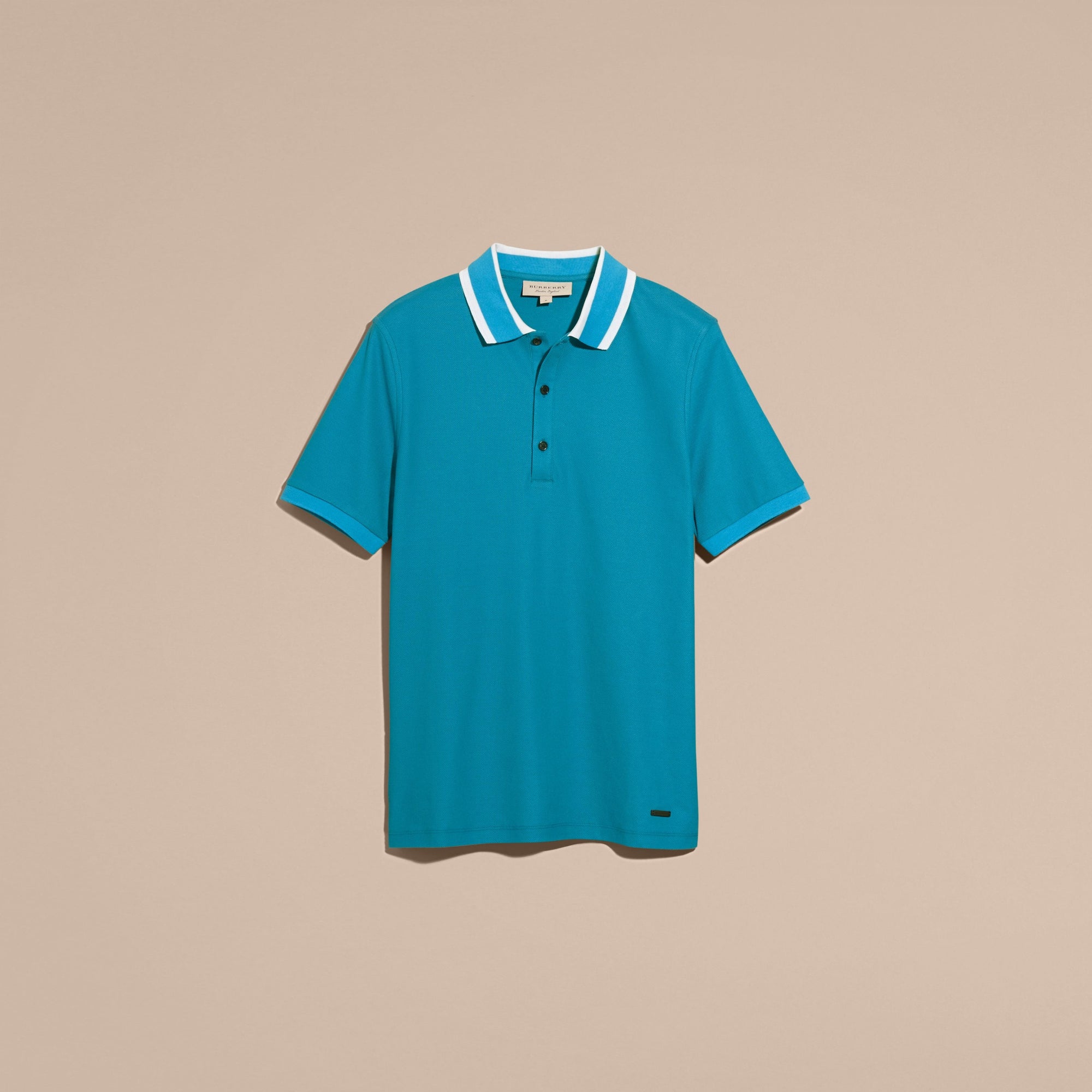 BRIGHT TURQUOISE Polo en piqué de coton avec col rayé