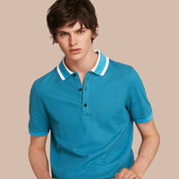 BRIGHT TURQUOISE Polo en piqué de coton avec col rayé