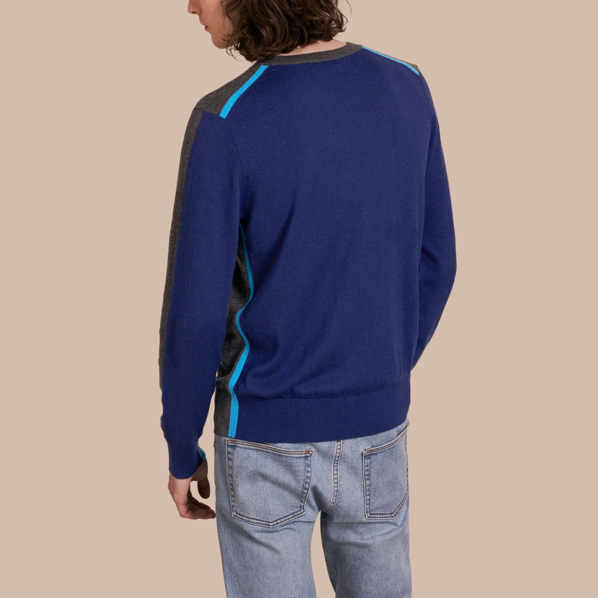 DARK GREY MELANGE Pull color-block en coton et cachemire