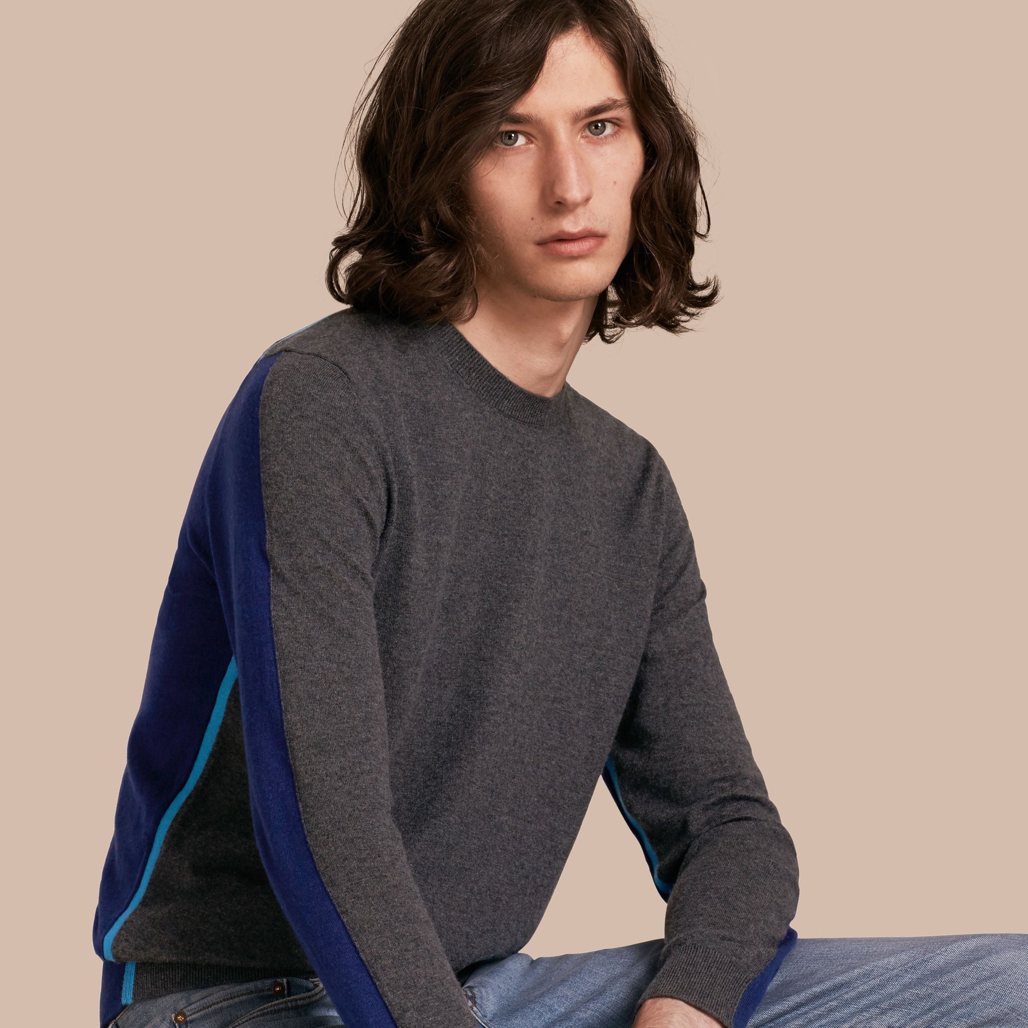 DARK GREY MELANGE Pull color-block en coton et cachemire