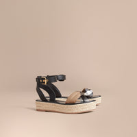 BLACK Sandales espadrilles à plateforme en cuir et coton House check