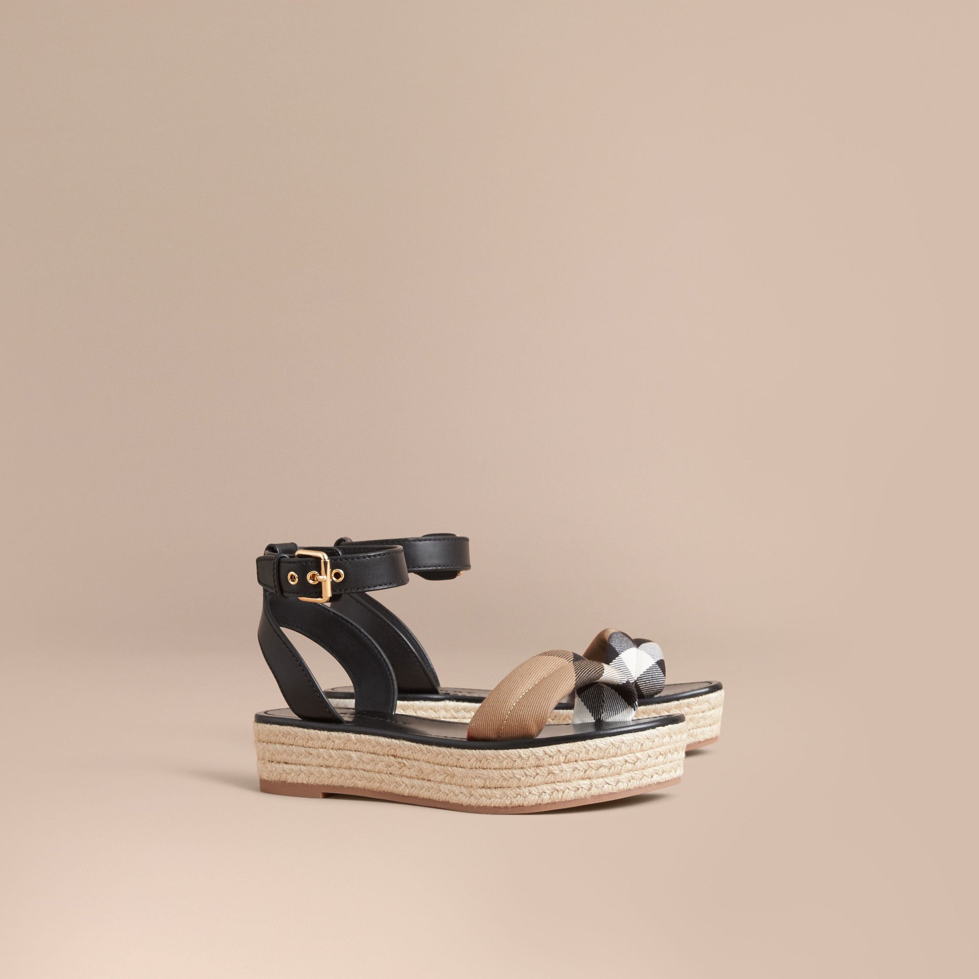 BLACK Sandales espadrilles à plateforme en cuir et coton House check