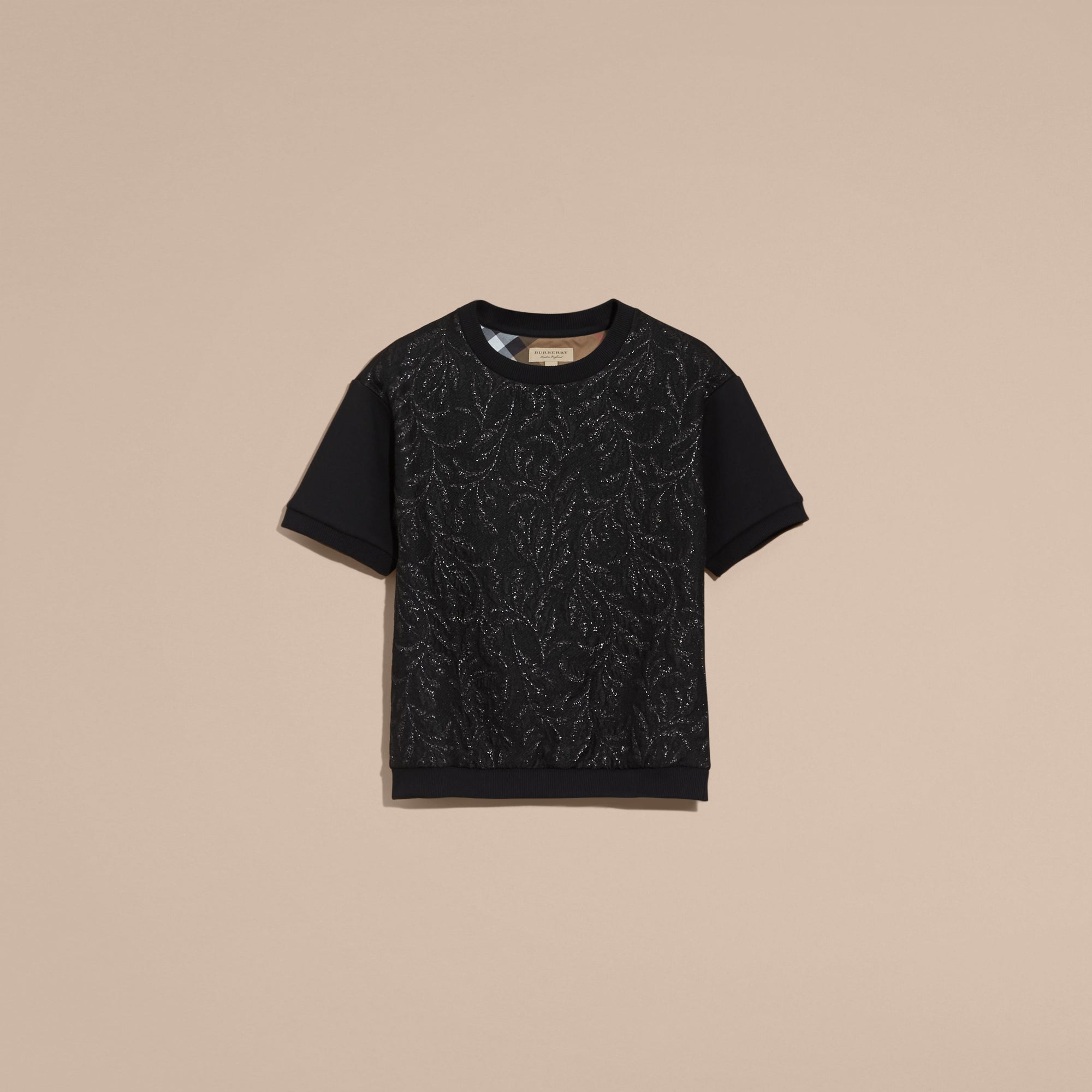 BLACK Sweat-shirt en coton mélangé à manches courtes avec devant en jacquard
