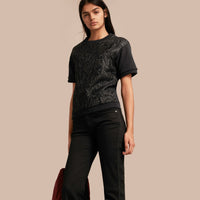BLACK Sweat-shirt en coton mélangé à manches courtes avec devant en jacquard