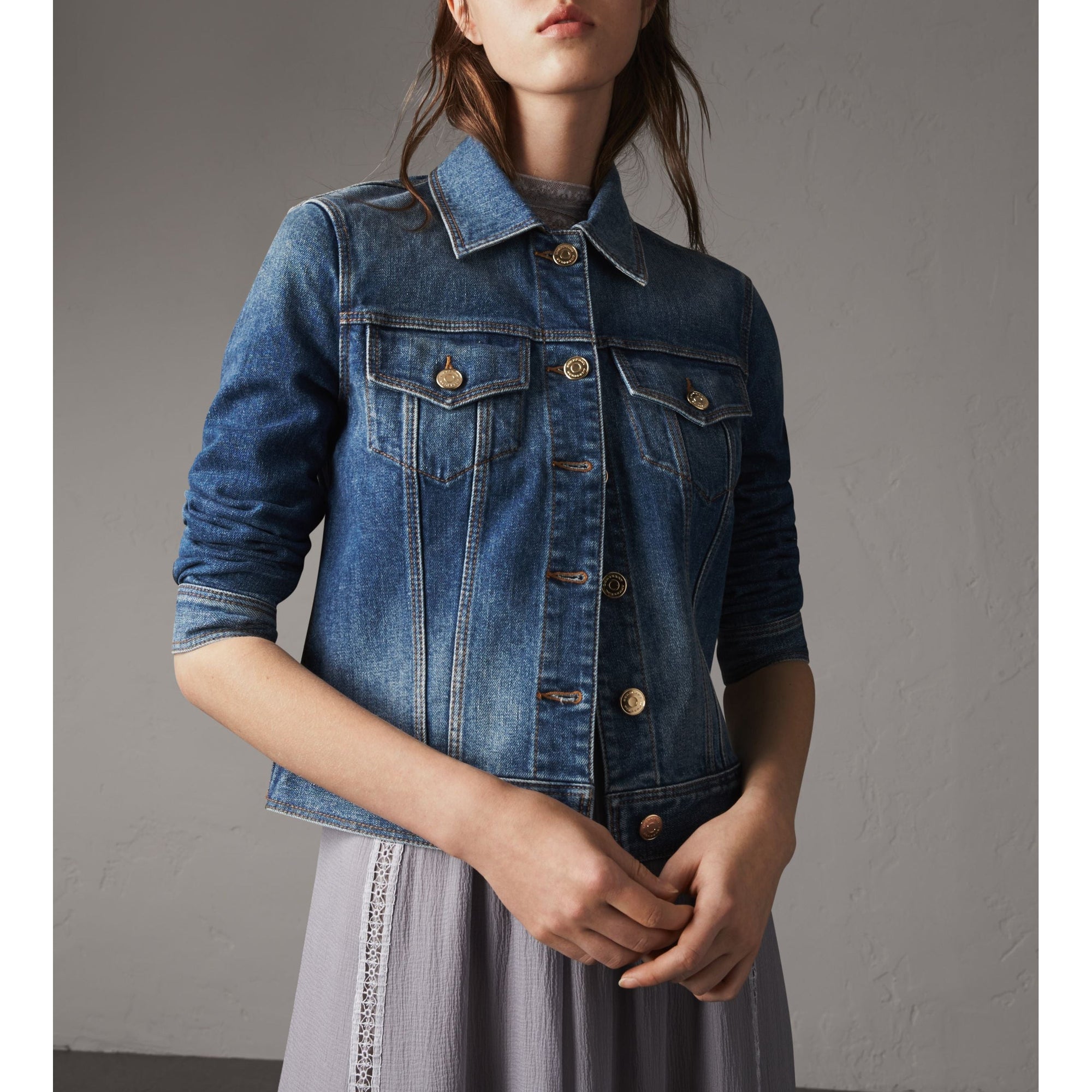 Veste en denim avec détails check - Indigo clair