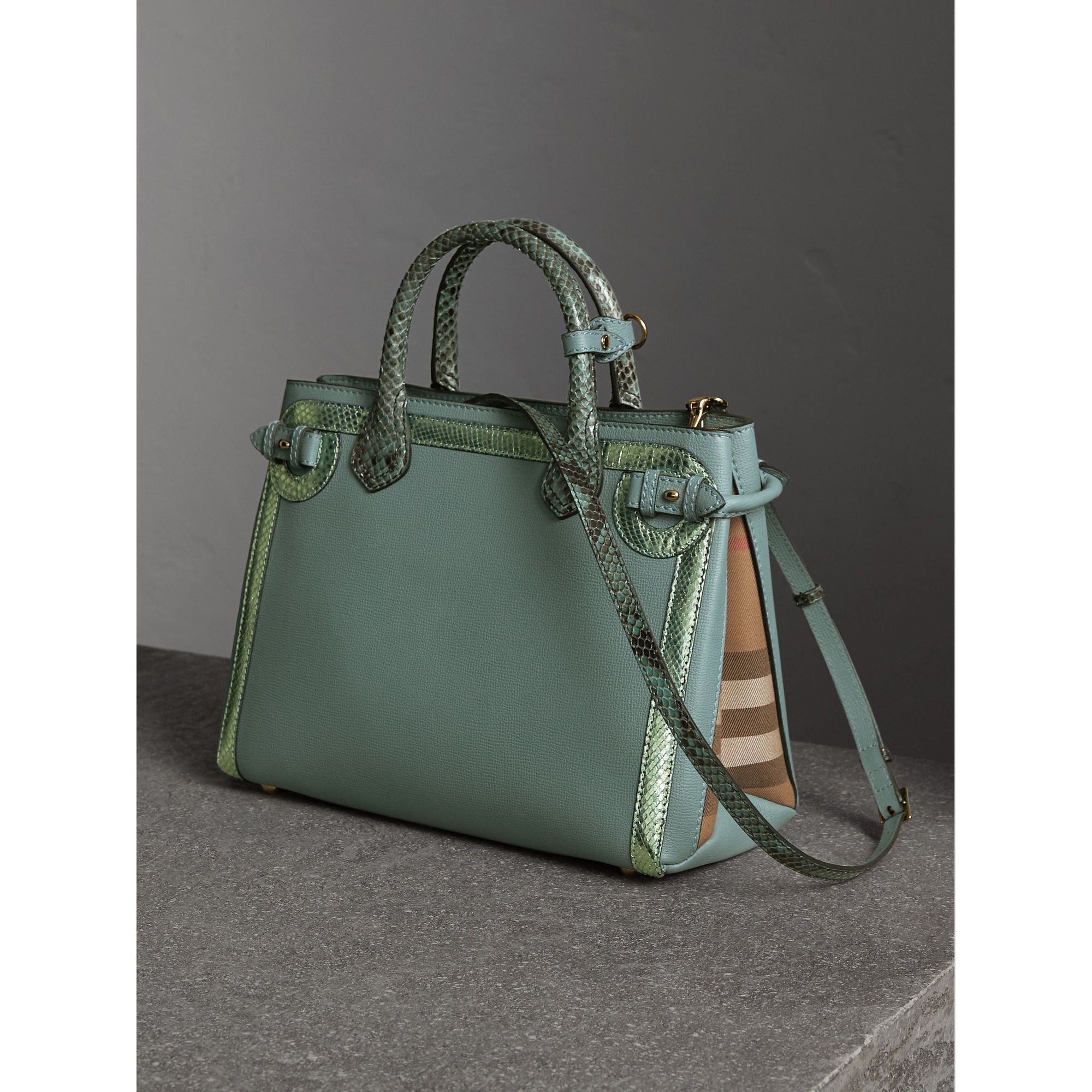 CELADON BLUE Sac The Banner medium en cuir avec appliqué en python métallisé