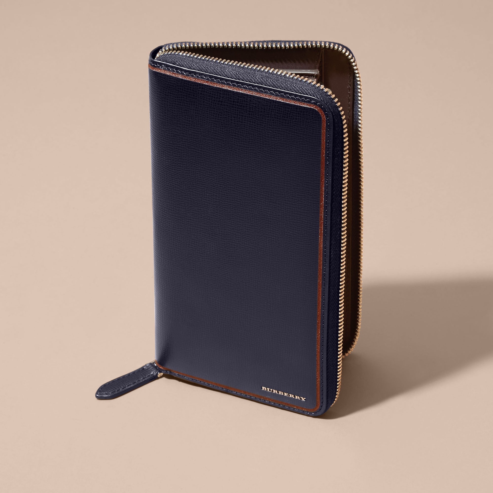 DARK NAVY Portefeuille zippé en cuir London avec bordure contrastante