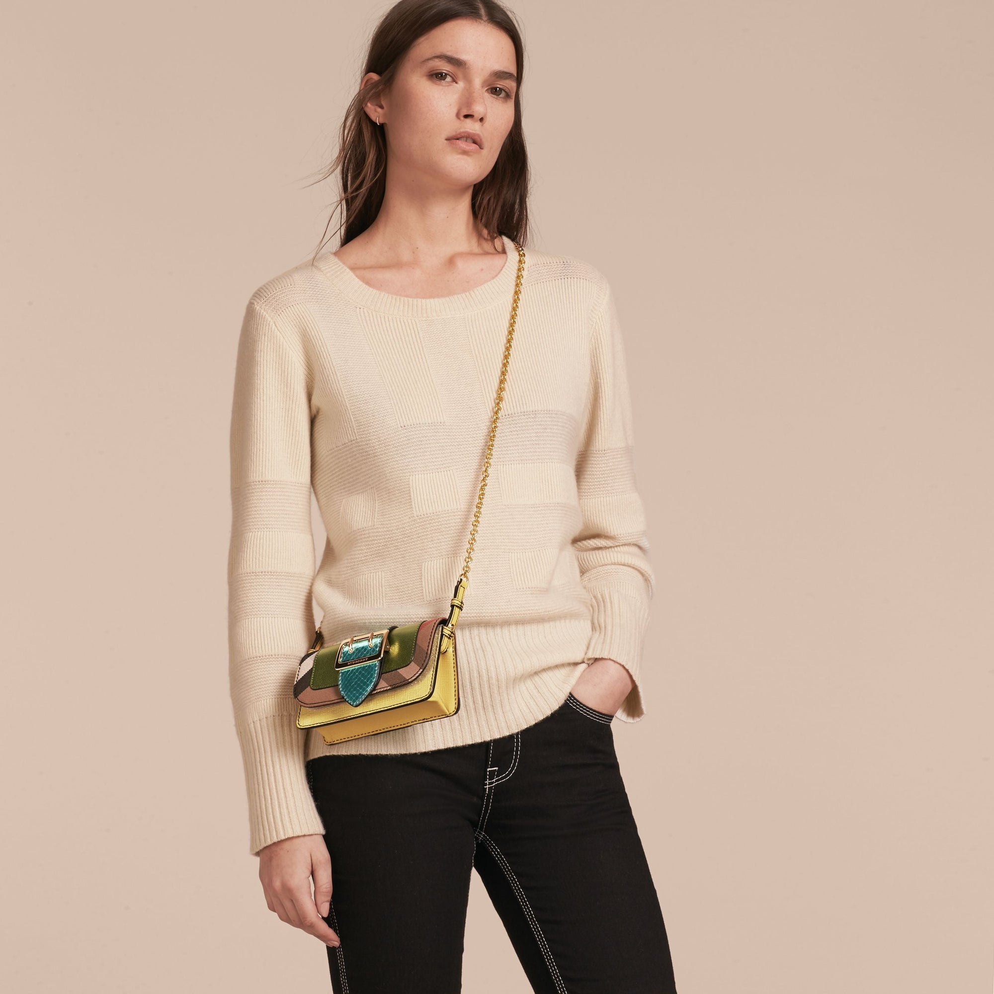 OLIVE GREEN Mini sac The Buckle en cuir et tissu House check
