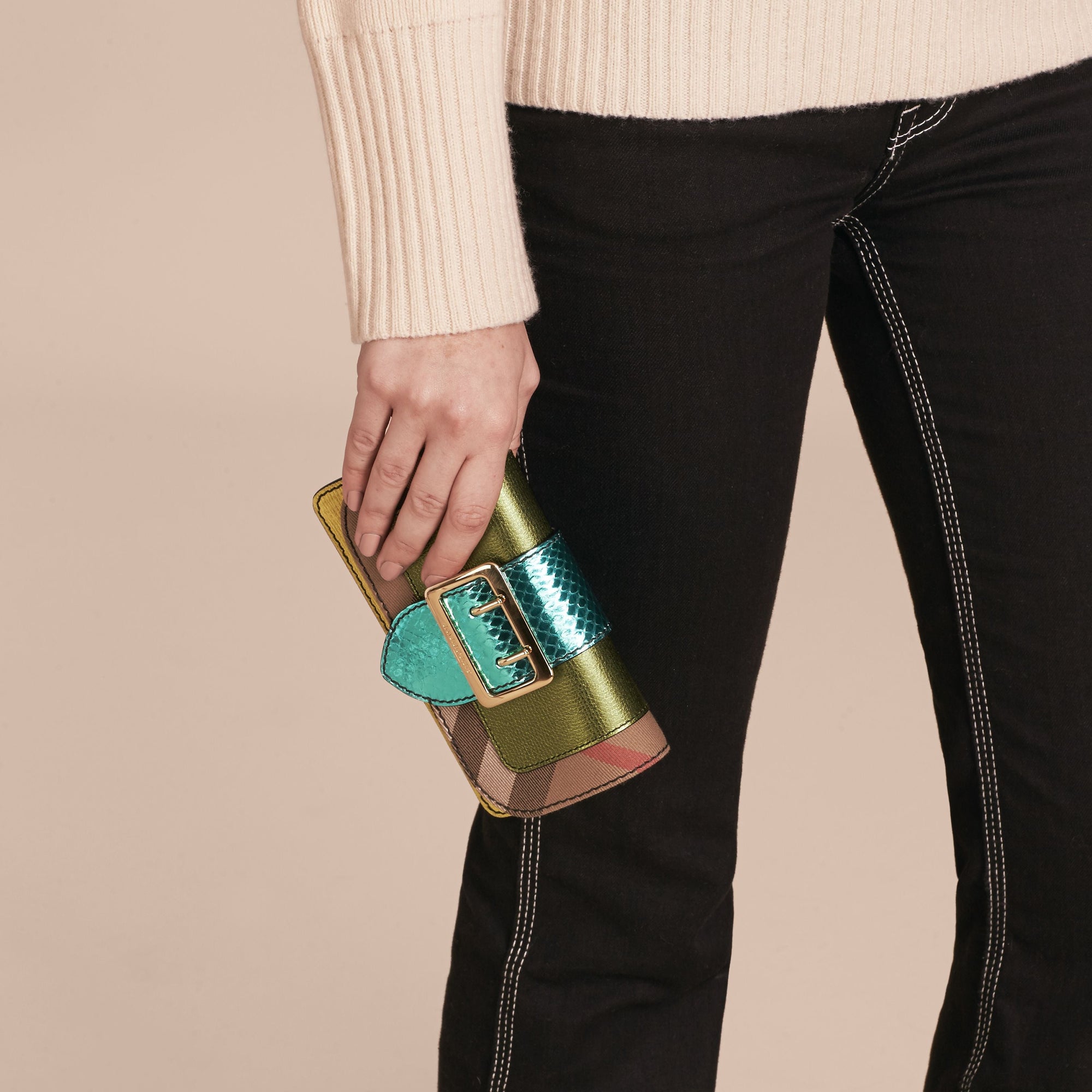 OLIVE GREEN Mini sac The Buckle en cuir et tissu House check