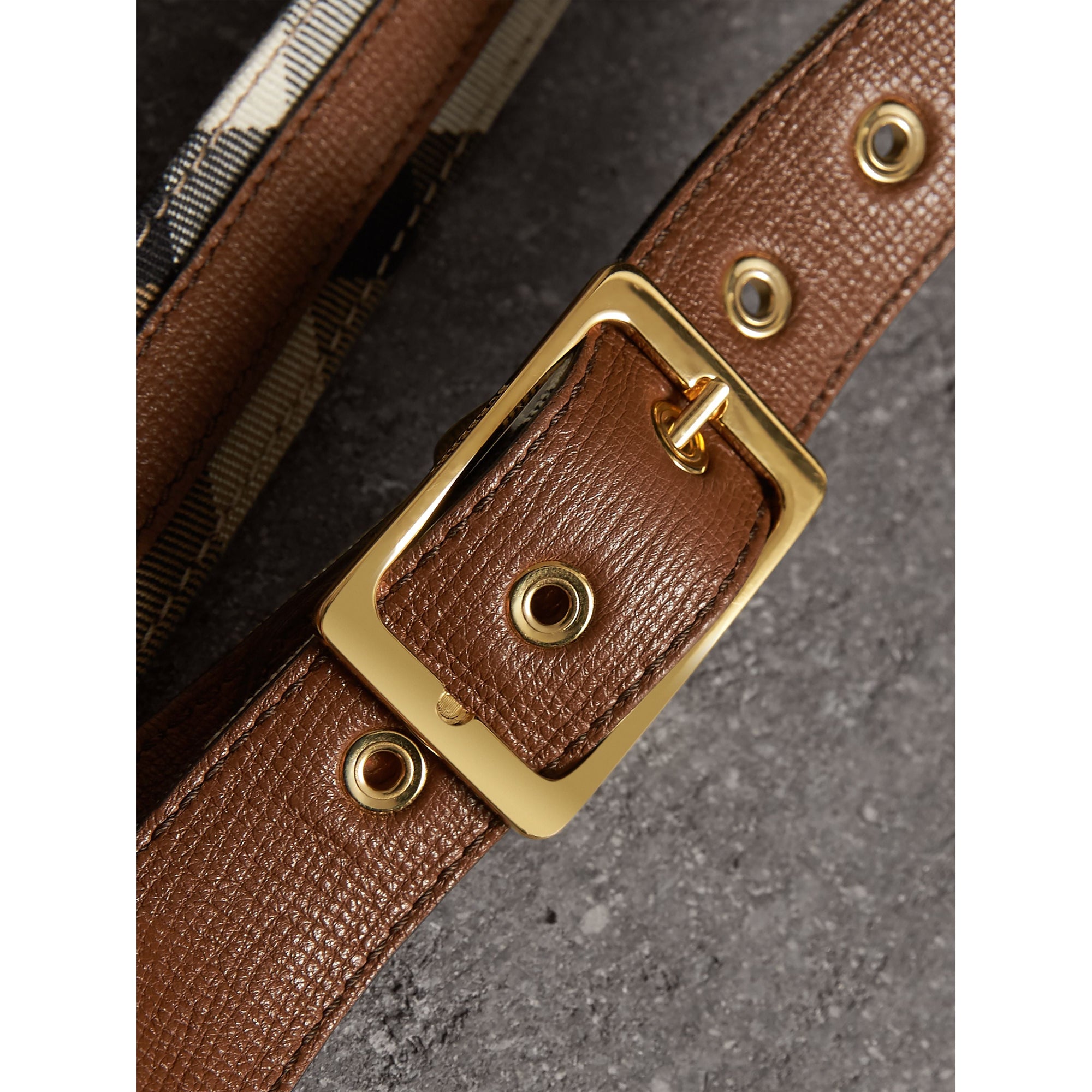 CAMEL/TAN Ceinture en tissu House check et cuir grainé