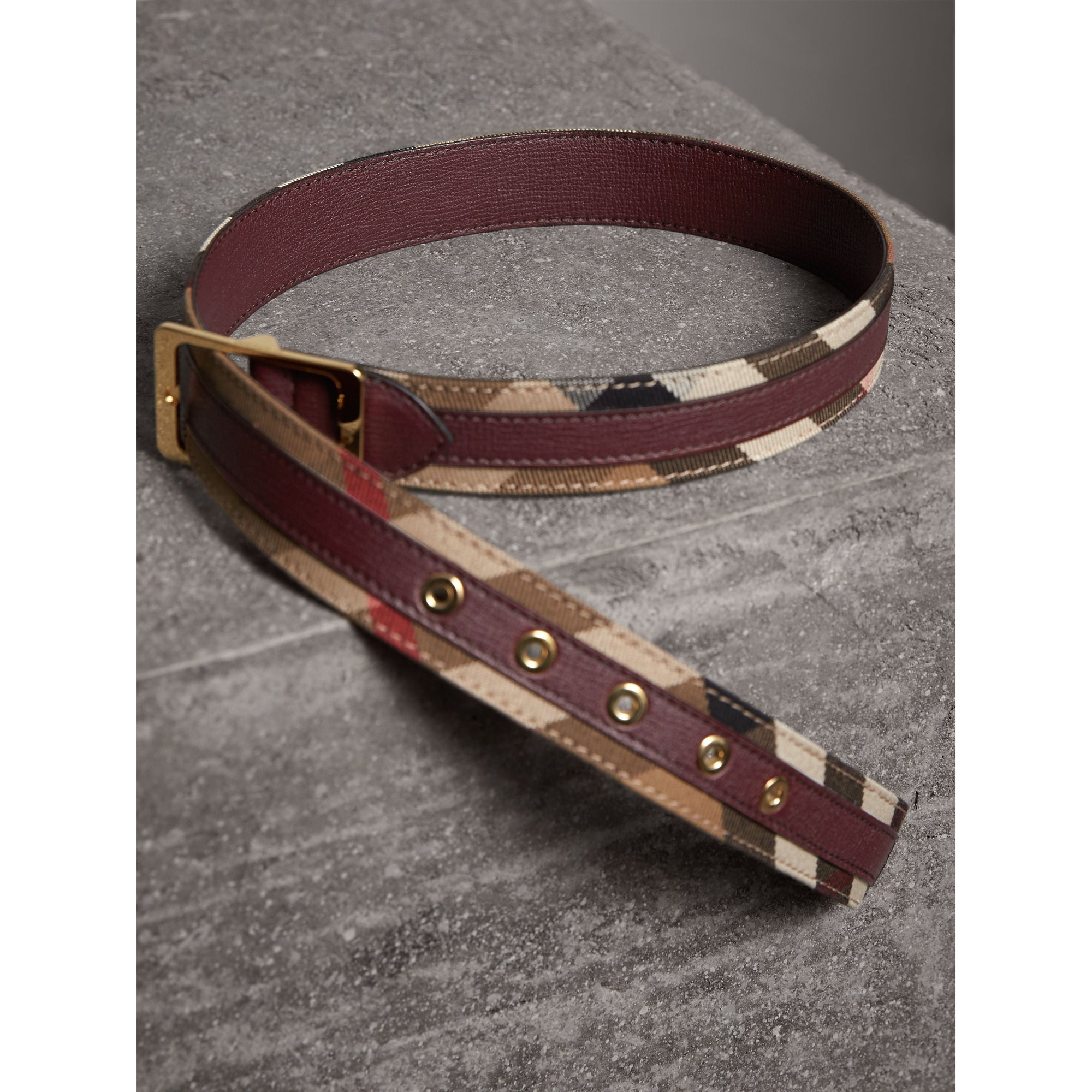 CAMEL/MAHOGANY RED Ceinture en tissu House check et cuir grainé
