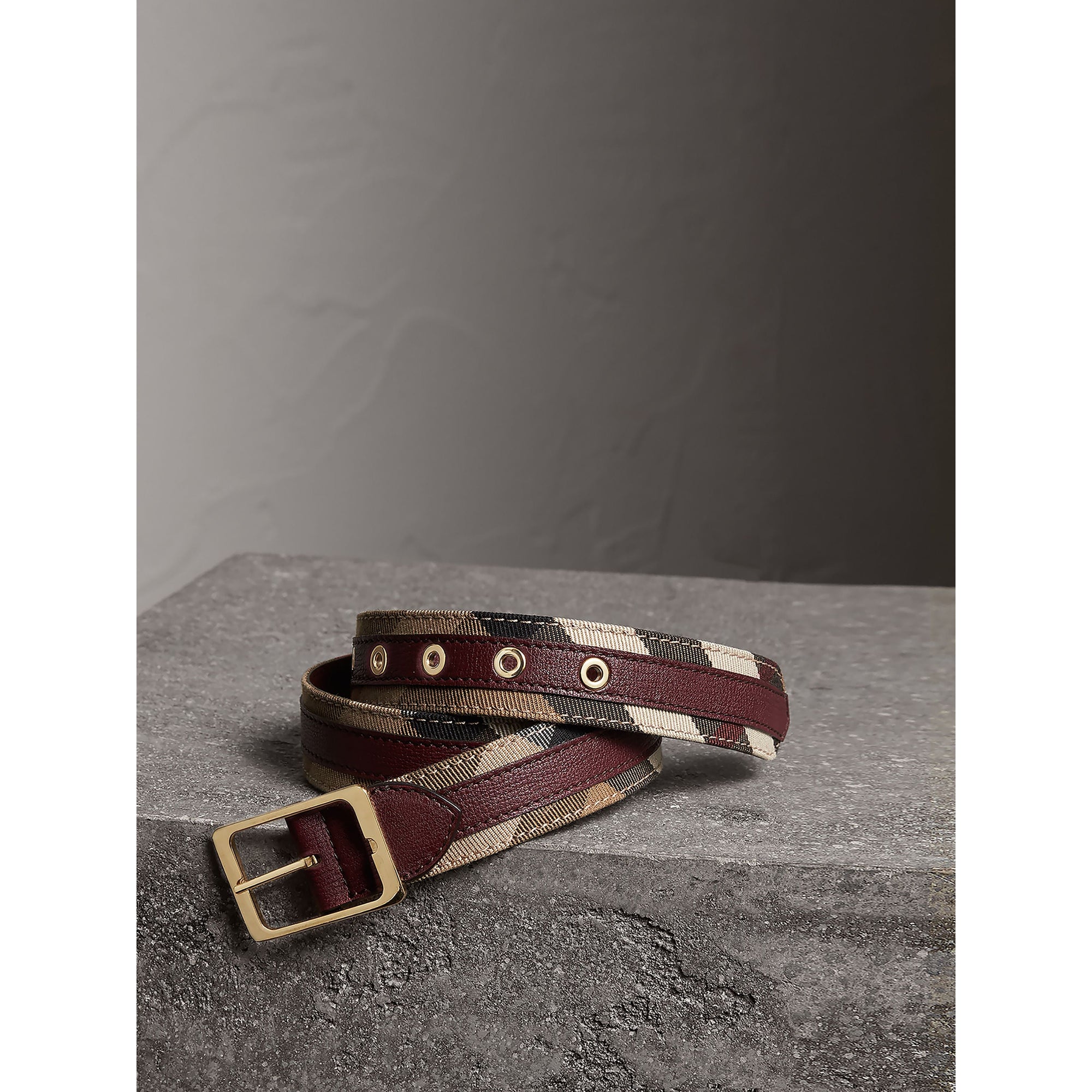 CAMEL/MAHOGANY RED Ceinture en tissu House check et cuir grainé