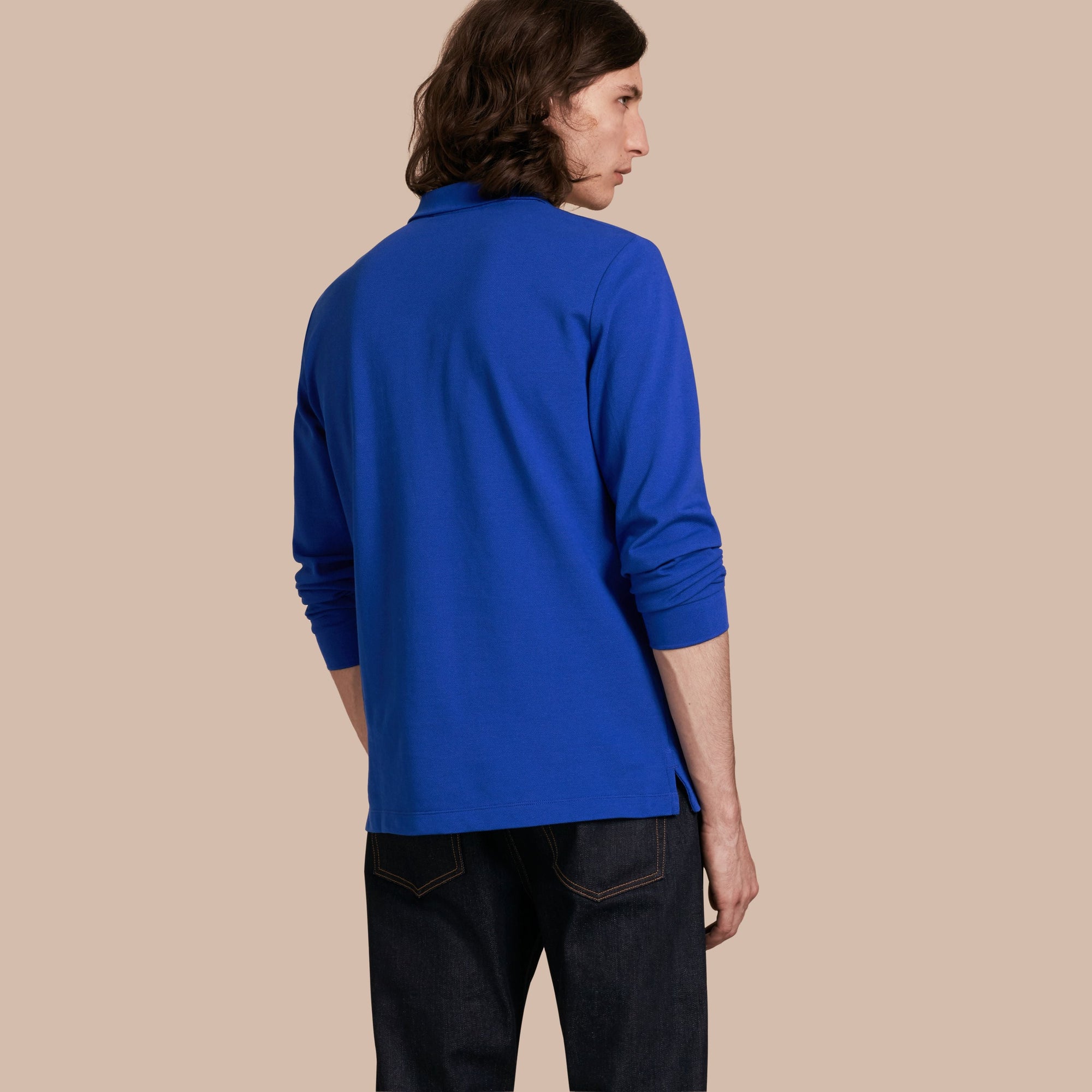 BRILLIANT BLUE Polo à manches longues avec patte à motif check