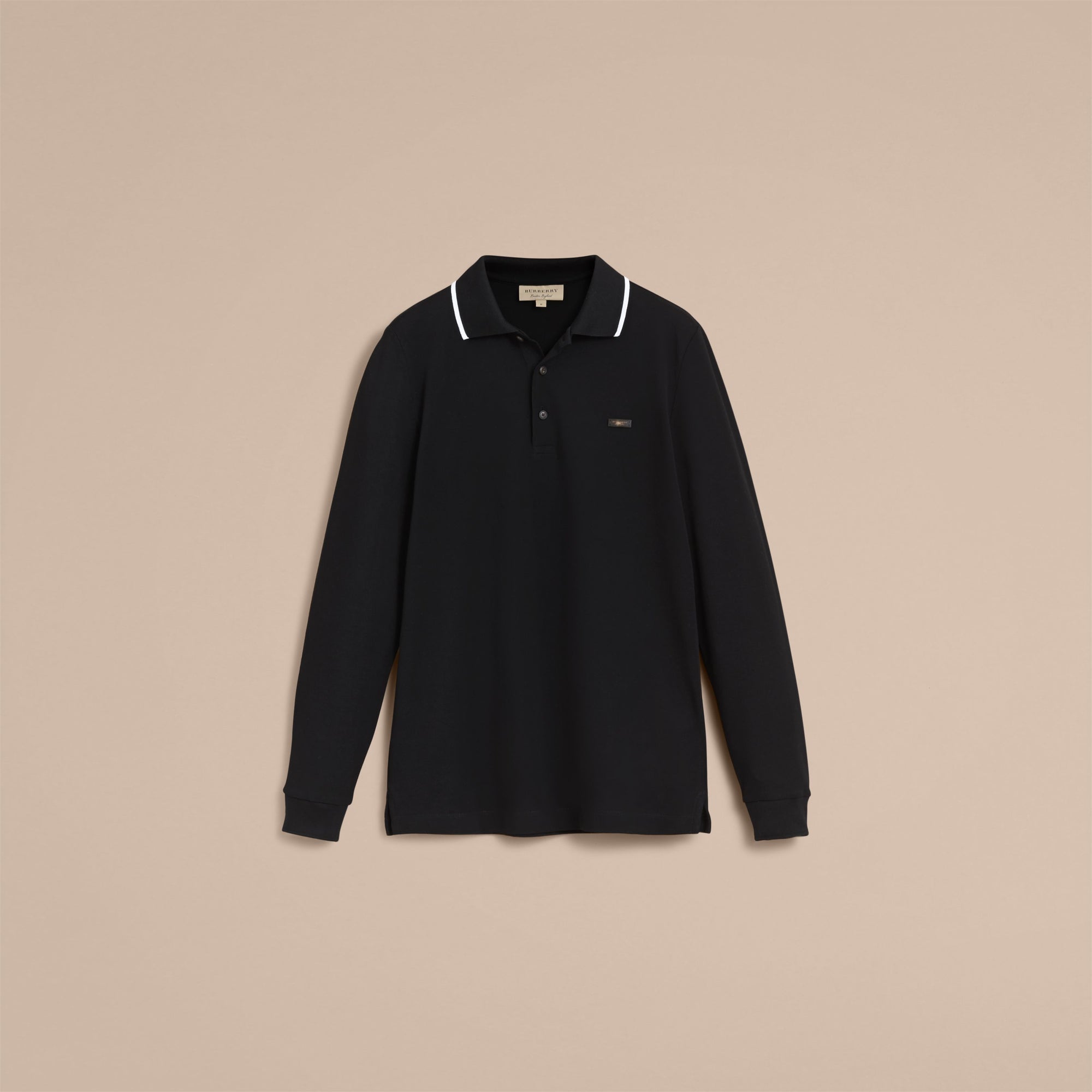 BLACK Polo à manches longues en piqué de coton à bordure contrastante