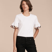 WHITE T-shirt en coton extensible avec manches ruchées et éléments à motif check