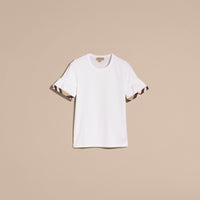 WHITE T-shirt en coton extensible avec manches ruchées et éléments à motif check