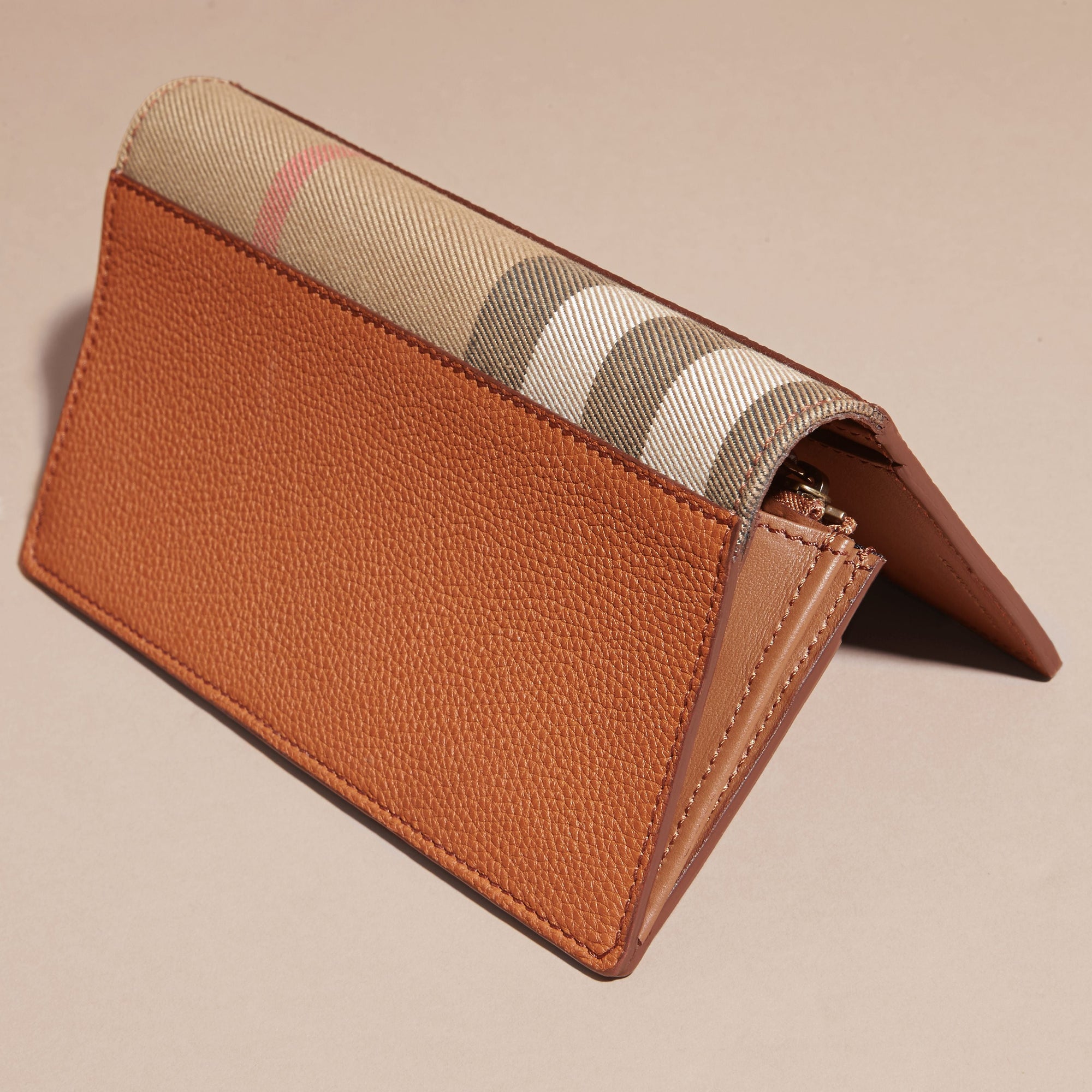 RUSSET Portefeuille continental en coton House check et cuir grainé