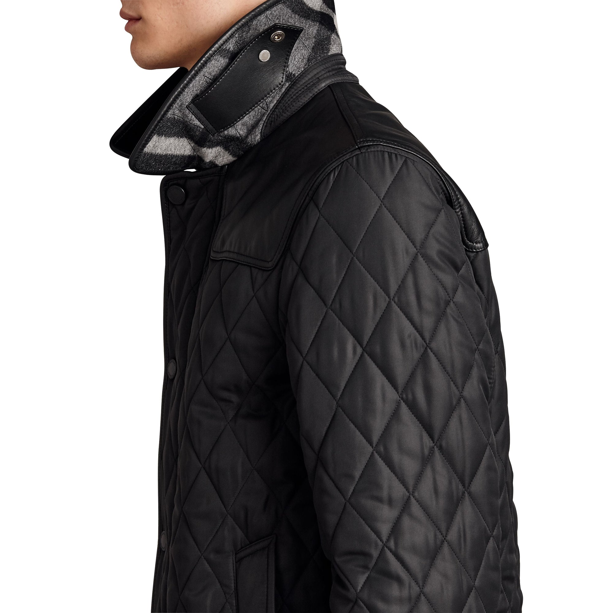 Veste matelassée avec empiècement en cuir d'agneau - Noir