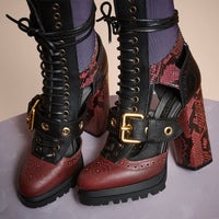 GARNET PINK Bottines à plateforme en cuir et peau de serpent avec découpes