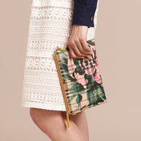 LRCH YELLOW/EMRD GRN Clutch à motif Haymarket check et imprimé à pivoines roses avec cuir