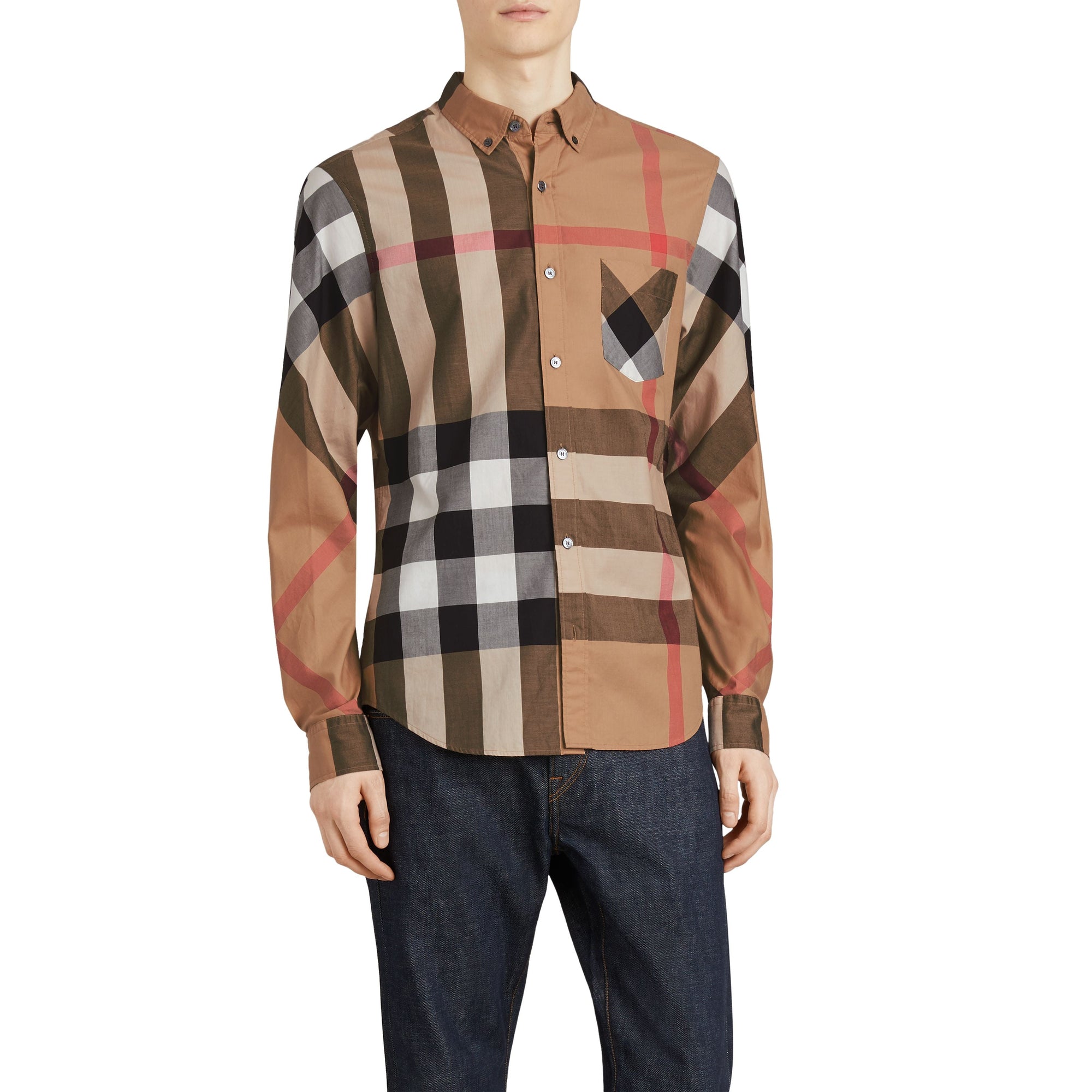CAMEL Chemise en coton extensible mélangé à motif check avec col boutonné