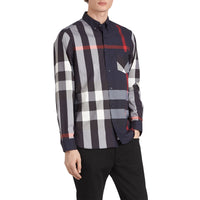 NAVY Chemise en coton extensible mélangé à motif check avec col boutonné