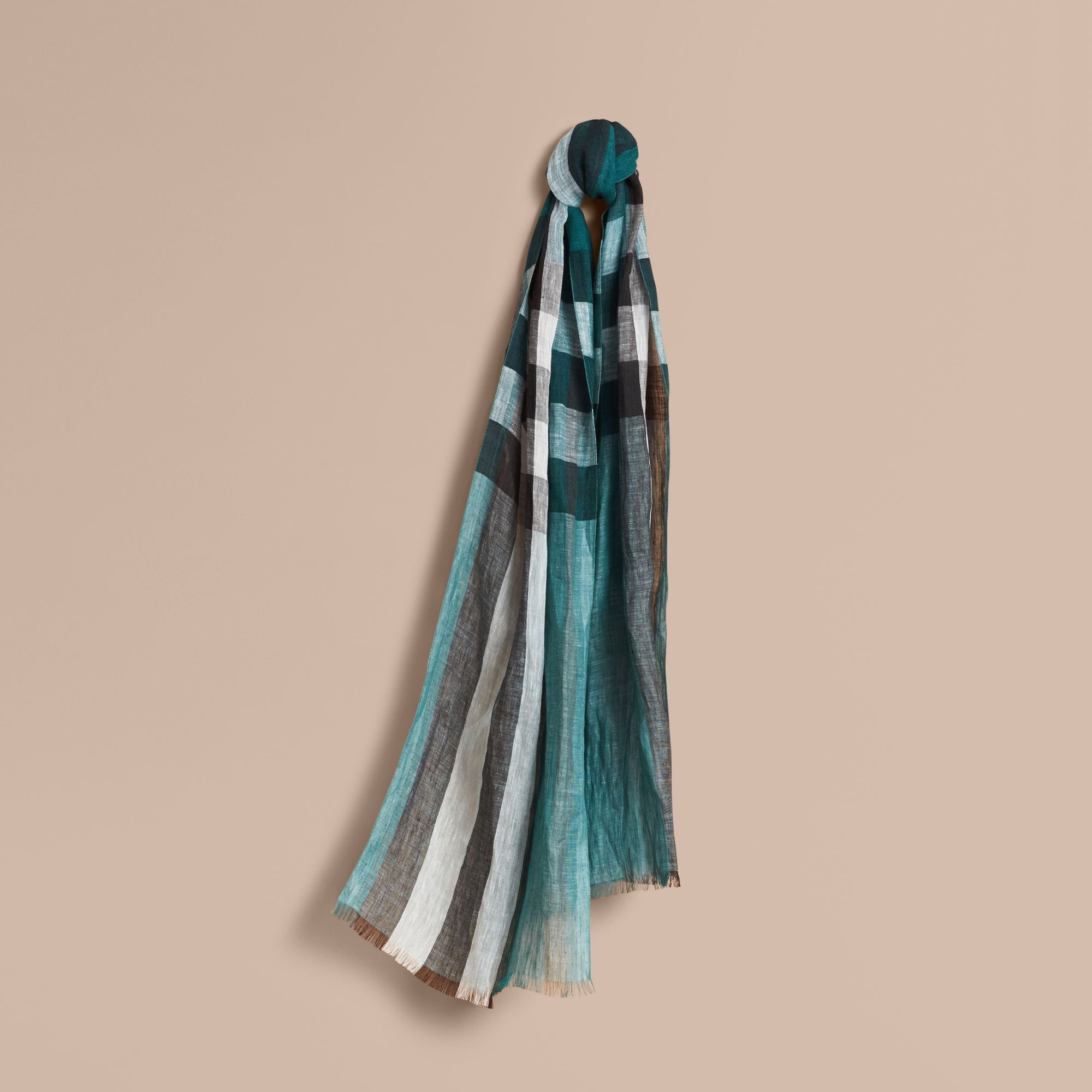 DARK TEAL Écharpe légère en lin à motif check