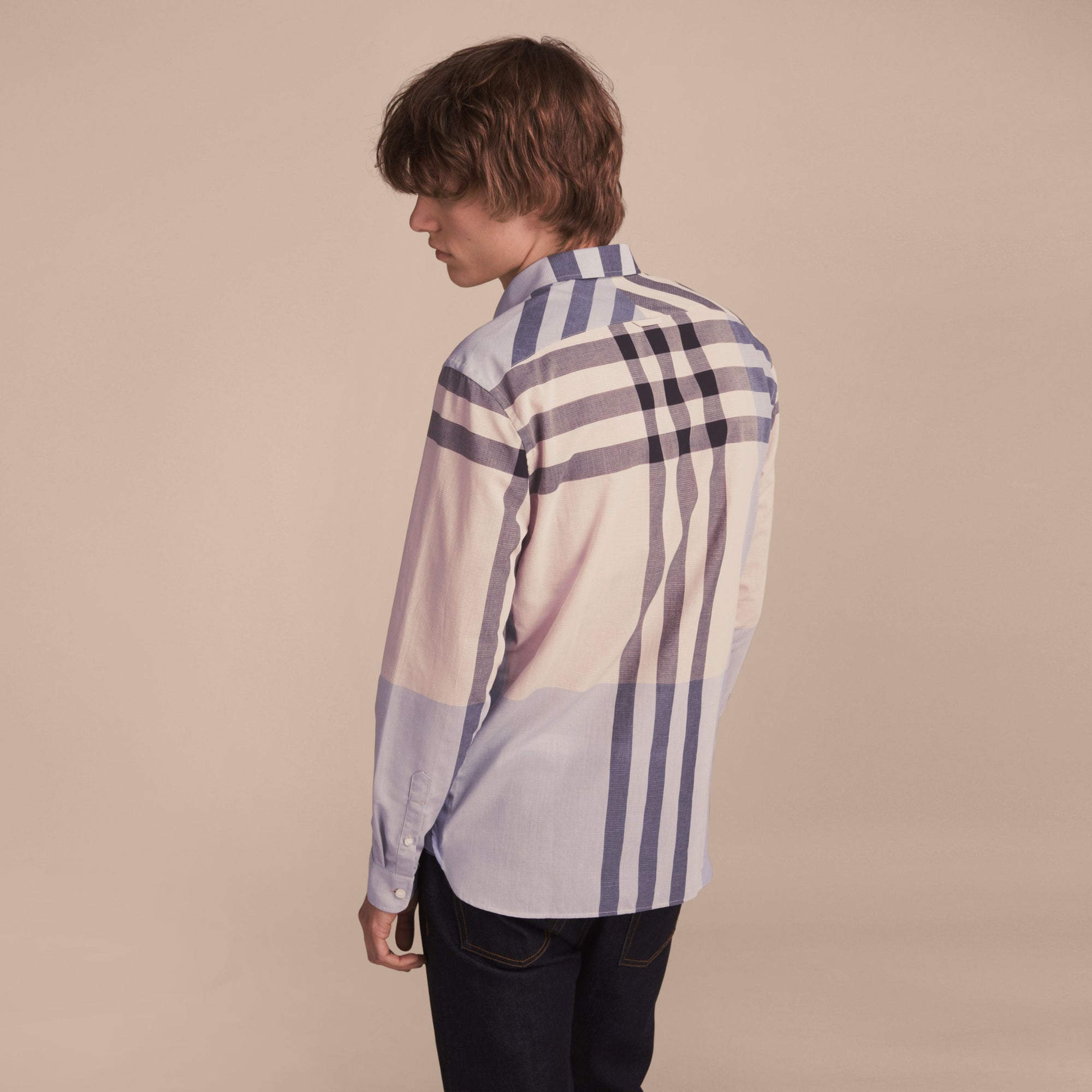 PALE CORNFLOWER BLUE Chemise en coton et lin à motif check