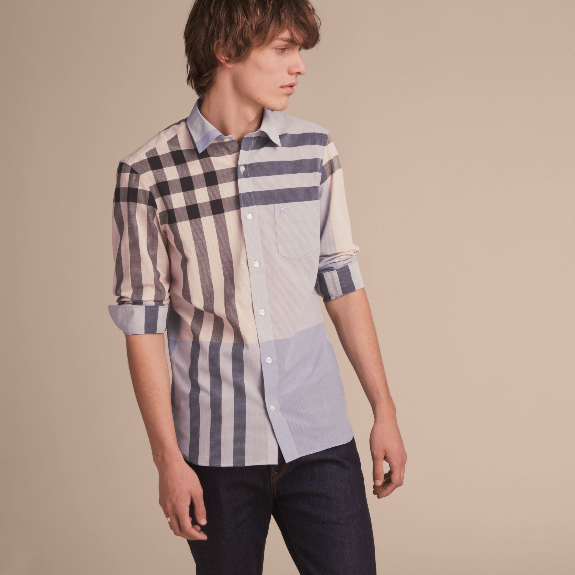 PALE CORNFLOWER BLUE Chemise en coton et lin à motif check