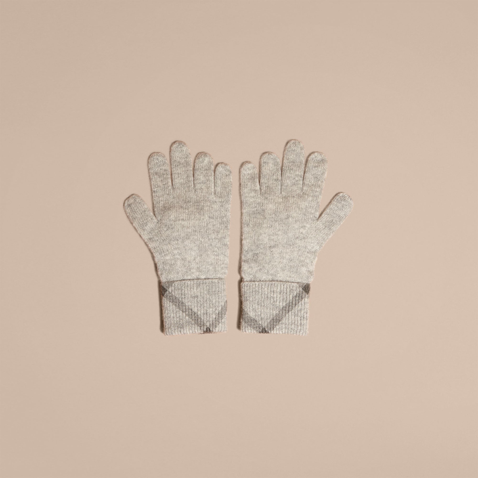 PALE GREY MELANGE Gants en cachemire ornés d'un motif check