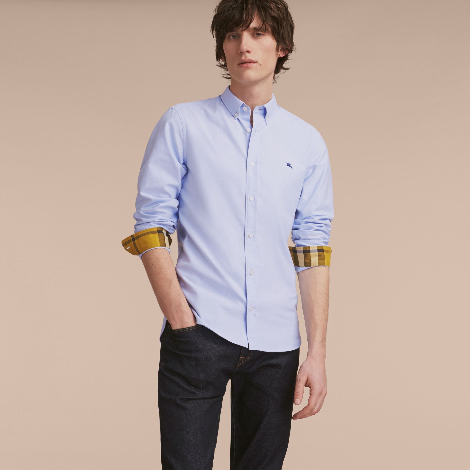 CORNFLOWER BLUE Chemise Oxford en coton à col boutonné avec détails check