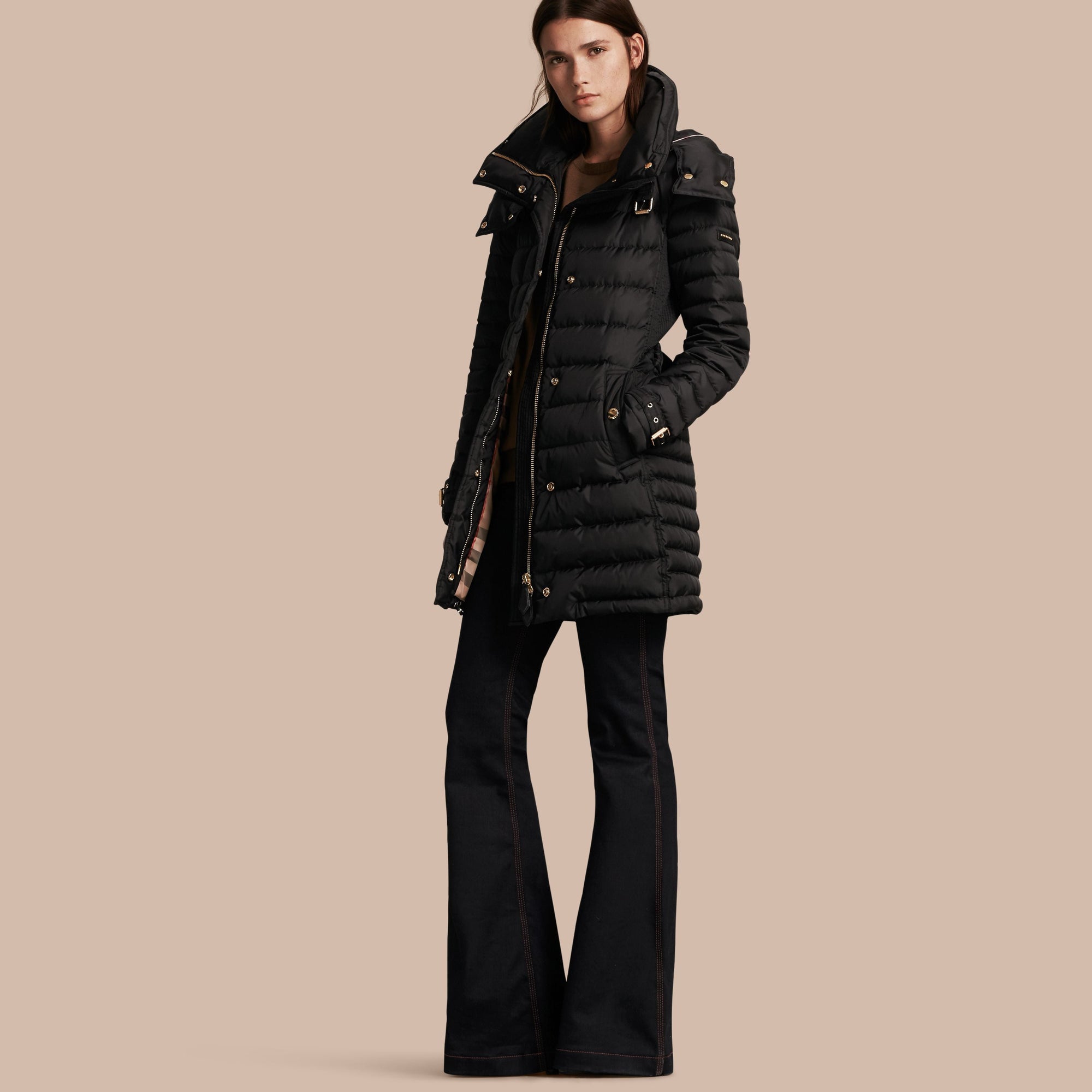 BLACK Doudoune longue rembourrée avec capuche repliable