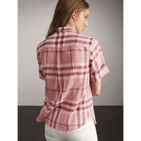 ANTIQUE PINK Chemise à manches courtes en coton à motif check avec col lavallière