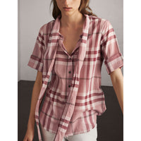 ANTIQUE PINK Chemise à manches courtes en coton à motif check avec col lavallière