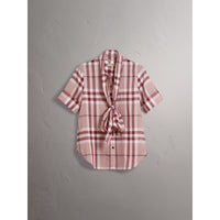 ANTIQUE PINK Chemise à manches courtes en coton à motif check avec col lavallière
