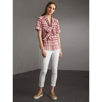 ANTIQUE PINK Chemise à manches courtes en coton à motif check avec col lavallière