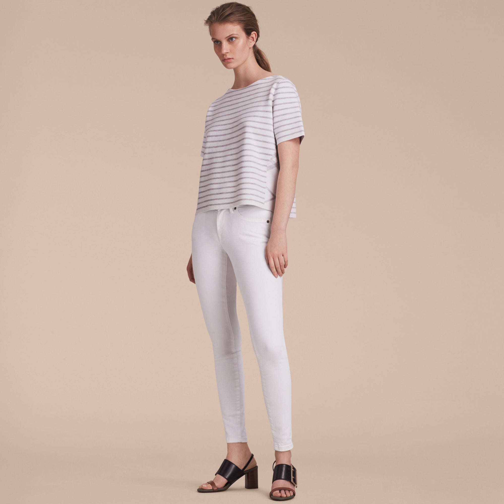 LIGHT GREY MELANGE T-shirt à rayures et motif check en laine mélangée