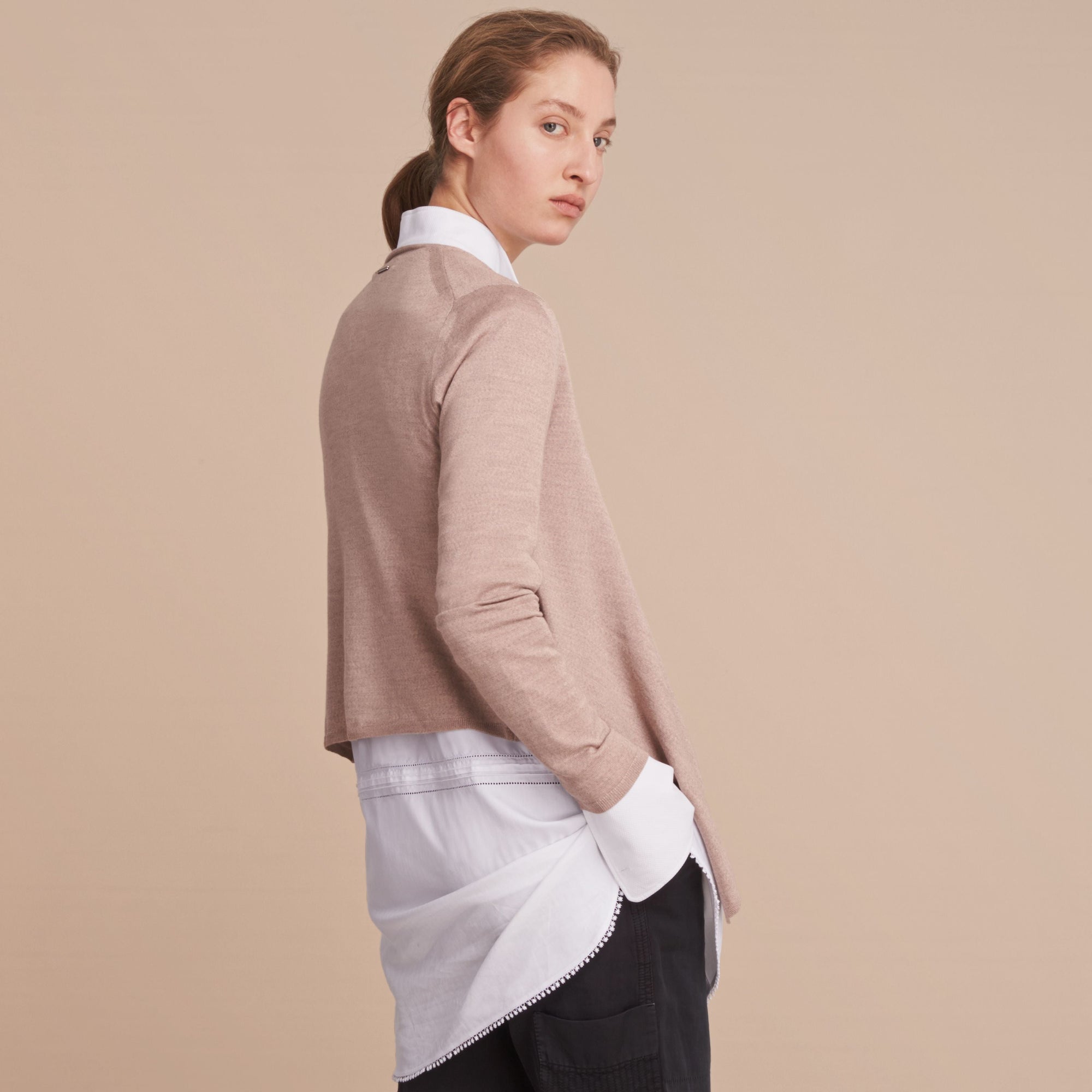 PALE TAUPE Cardigan ouvert en laine mérinos et soie