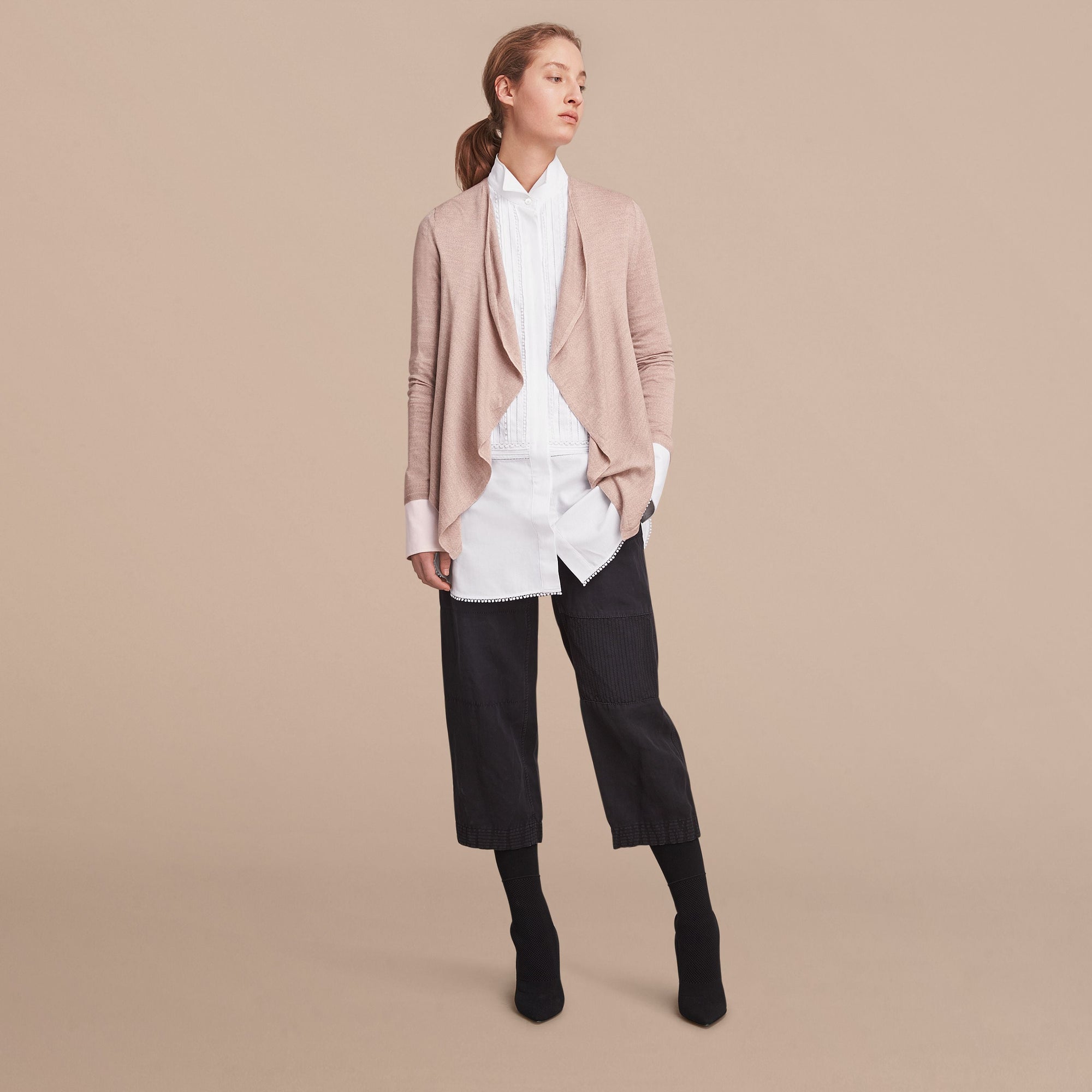 PALE TAUPE Cardigan ouvert en laine mérinos et soie