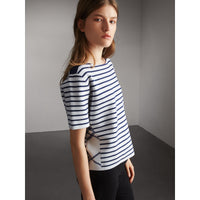 BRIGHT NAVY T-shirt à rayures et motif check en maille de laine mélangée