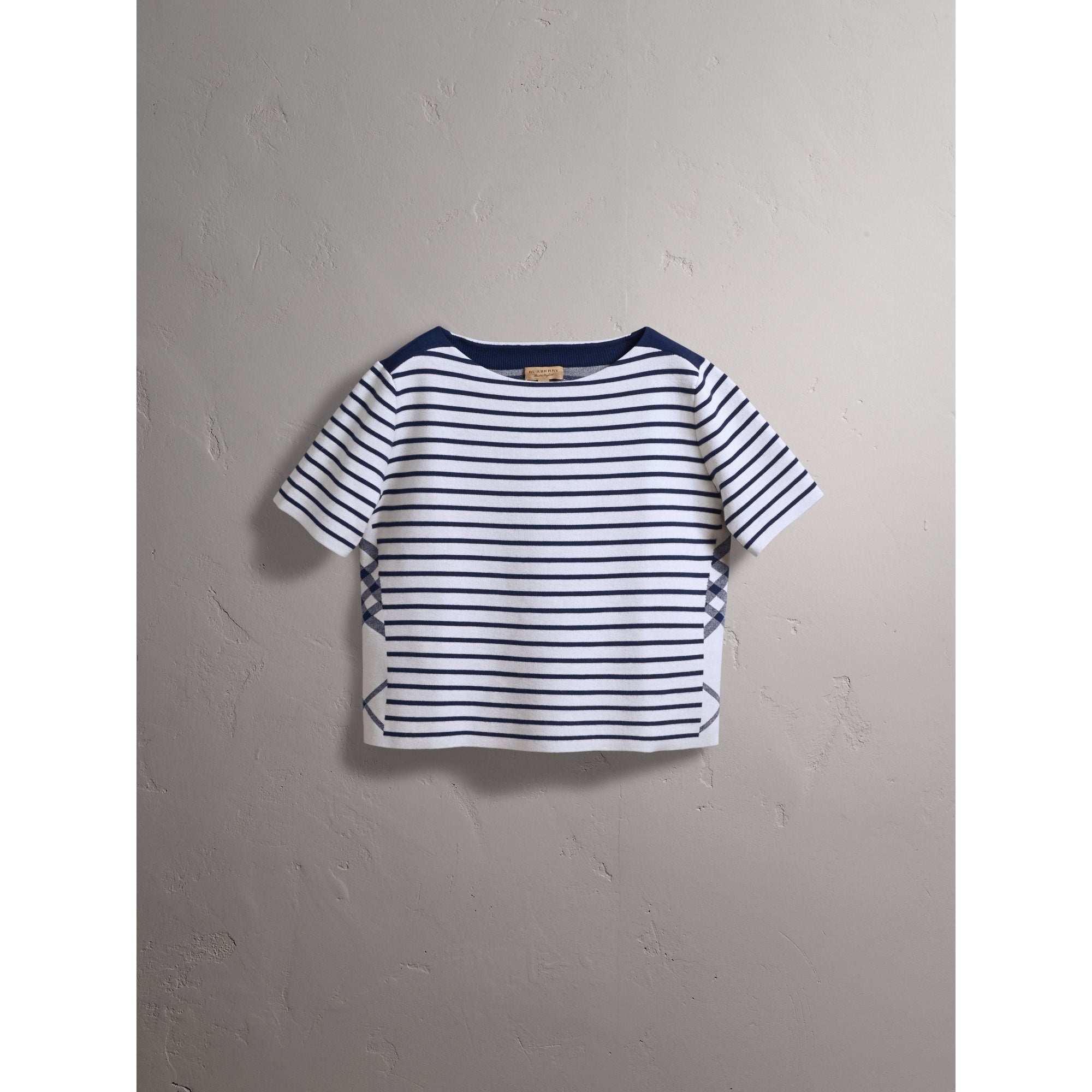 BRIGHT NAVY T-shirt à rayures et motif check en maille de laine mélangée