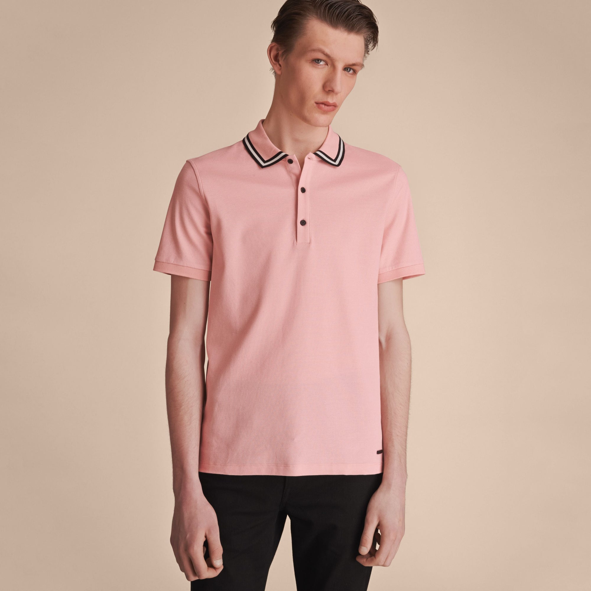 CHALK PINK Polo en piqué de coton avec col rayé