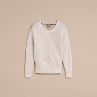 NATURAL WHITE Pull en laine et cachemire avec panneaux en maille torsadée et côtelée
