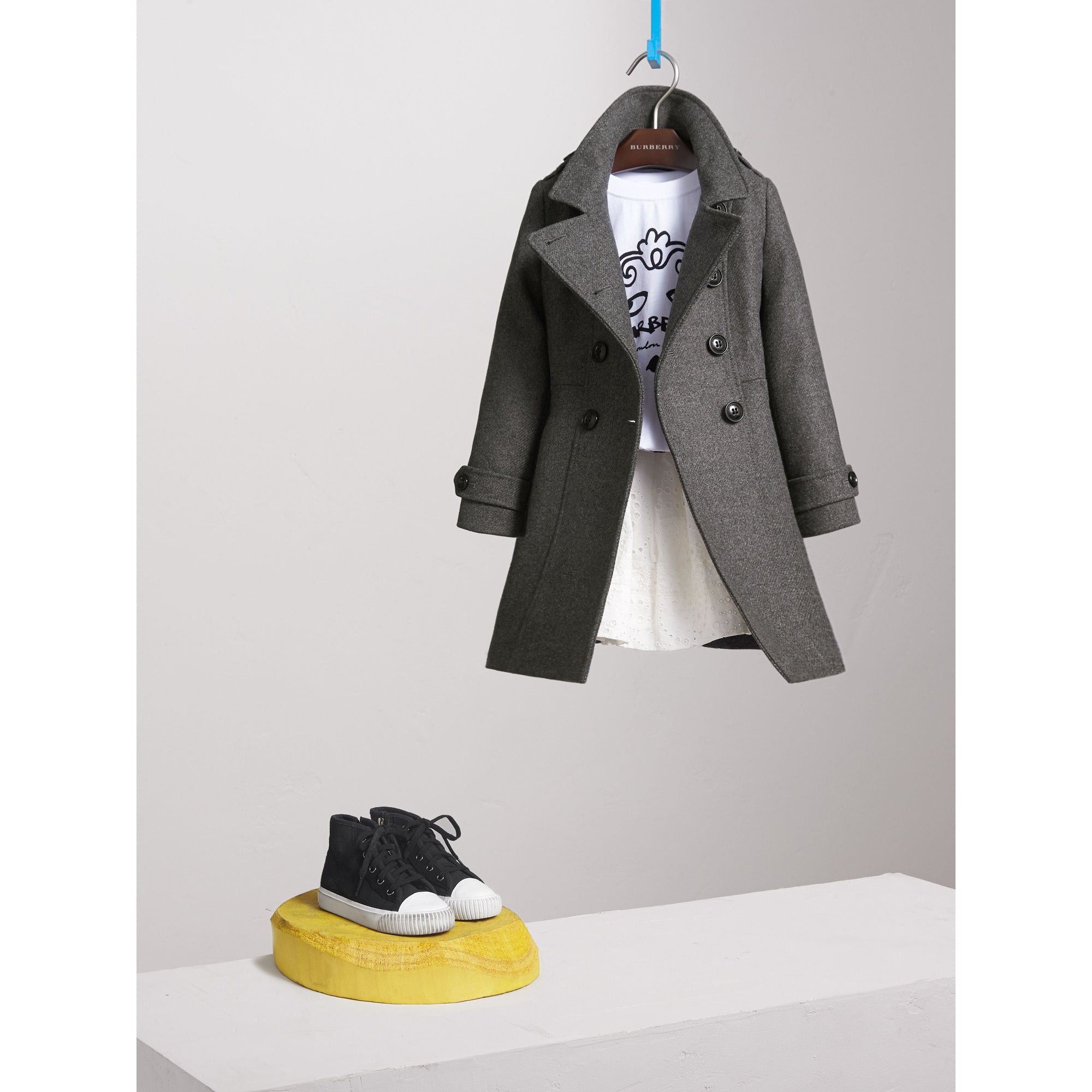 MID GREY MELANGE Manteau à double boutonnage en laine et cachemire techniques