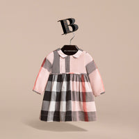 VINTAGE PINK Robe à manches longues en coton avec plastron à nervures et motif check
