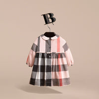 VINTAGE PINK Robe à manches longues en coton avec plastron à nervures et motif check