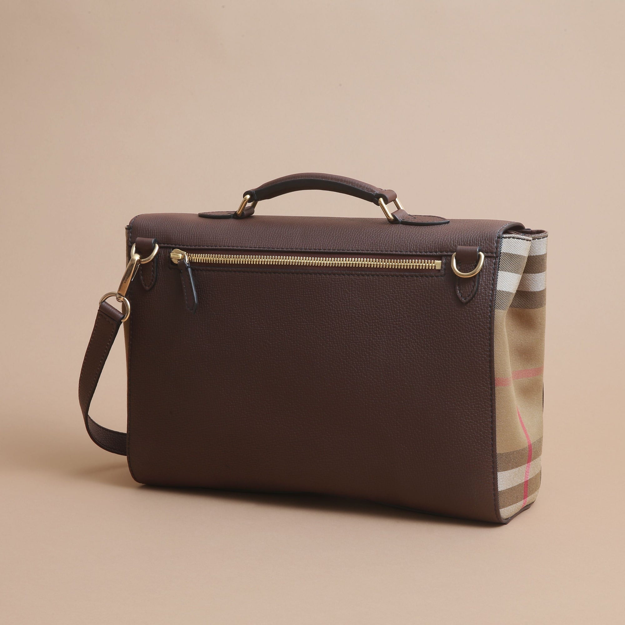 OAK BROWN Sac cartable en cuir et coton House check