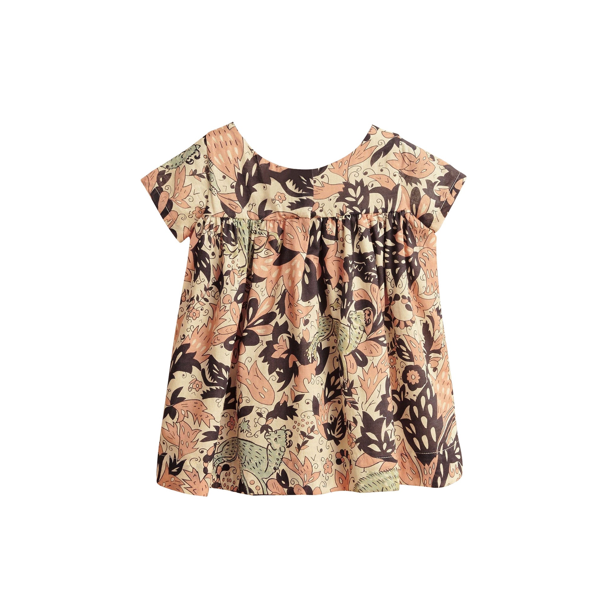 Robe à smocks en coton avec imprimé bestiaire - Rose taupe antique